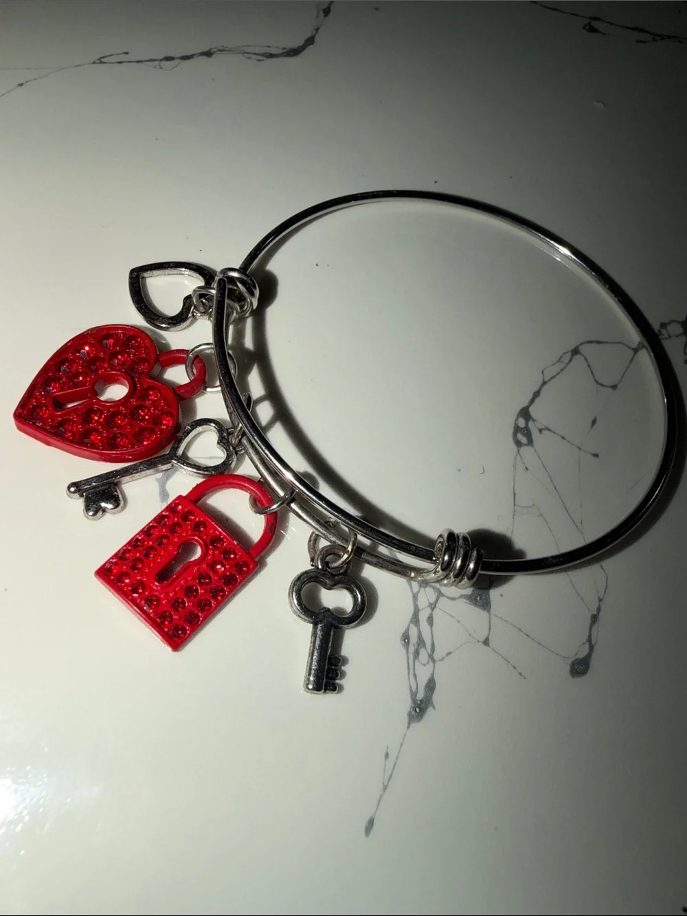 paparazzi Silver-Tone Bangle with Red Heart, Red Lock & Key Charms